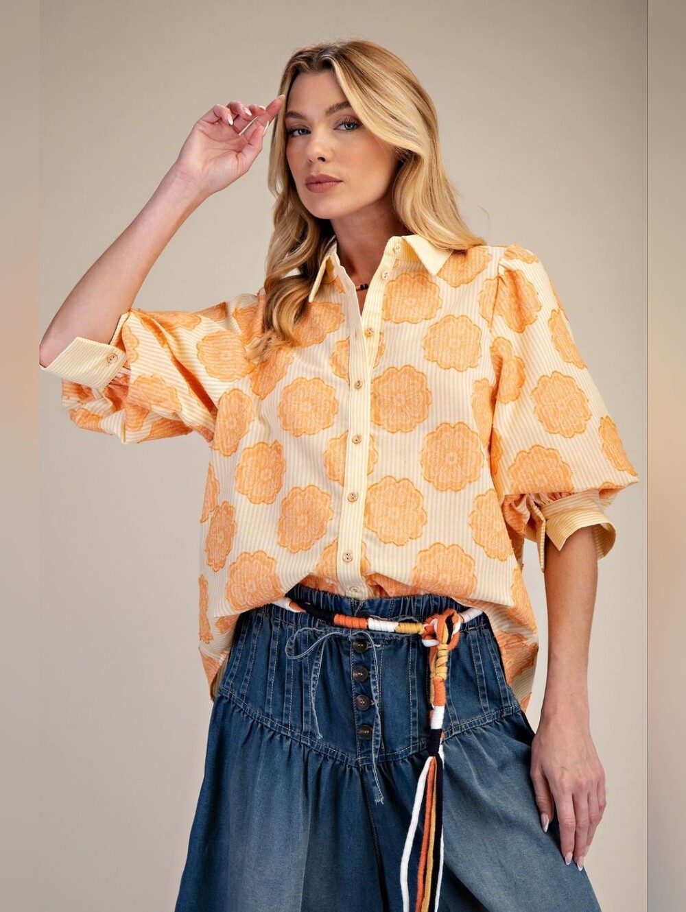 NWT Easel Puff Sleeves Floral And Stripe Shirt Top Size S